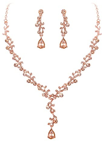 Clearine Juegos de Joyas de Mujer Boda Nupcial Hoja Lágrima Cristal Collar Pendiente Conjunto Filigrana Joyería Conjunto,Color Champán Rosa-Dorado-Tono