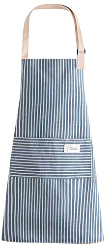 LECTNORE Gestreifte Latzschürze, Kochschürze, verstellbare Schürze mit 2 Taschen, Kochschürze, Baumwollschürze für Damen/Herren (Blau)