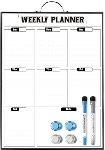 ANLIOTE Tableau Blanc Mural Planificateur Hebdomadaire à Suspendre 40 x 30 cm, Tableau Blanc Portable avec Cadre Aluminium, Calendrier Magnétique A3, Menu, Liste de Courses, Cuisine, Domicile, Bureau