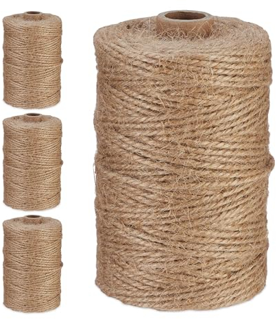 Relaxdays 2 mm x Unidades 4 Rollos de Cuerda de Yute, 100 m Cada uno, Biodegradable, Manualidades, Jardinería, Embalaje, Natural