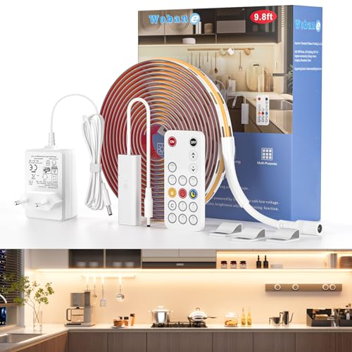 WOBANE 3m COB LED Streifen 4000K,1500lm,Super Hell Dimmbares LED Strip mit Fernbedienung,12v Unterbauleuchte,Flexibles LED Band für Küche,Schlafzimmer,Schreibtisch,Werkbank,DIY,CRI 90+