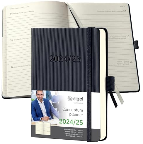 SIGEL C2502 Wochenplaner Wochenkalender 2024/2025, ca. A6, schwarz, Hardcover, Gummiband, Stiftschlaufe, Archivtasche, aus nachhaltigem Papier, 18-Monatskalender, Conceptum