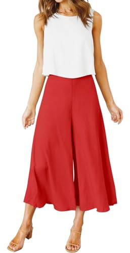 FANCYINN Donna 2 Pezzi Outfits Canotta Lunga di Base Camicia Pantaloni Lunghi a Vita Alta Tute Top Bianco e Pantaloni Rossi L