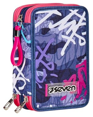 Seven Federmäppchen, Mäppchen, Mehrfarbig, Federtasche für Schreibwaren, Etui komplett mit Bleistiften, Filzstiften, Schulmaterial, mit 3 Fächern, Mädchen, Schule - Grundschule, XXL violett lila