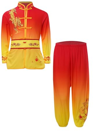 Kaerm Uniforme de Kung Fu para niños, traje tradicional chino de Tai Chi para niños y niñas, traje de wushu conjunto de Tai Chi folk rendimiento, Rojo y amarillo., 134 cm-140 cm