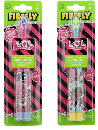 Firefly LOL Surprise Turbo Lot de 2 brosses à dents électriques pour enfants à partir de 6 ans Brosse à dents à poils souples pour nettoyage dentaire et soins bucco-dentaires 4 personnages Rock avec