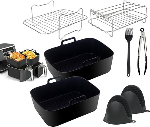 Optivice Air Fryer Accessories, Set of 8 for Ninja Air FryerAF400UK & AF451UK & Tower T17088, 2 Reusable Silicone Air Fryer Liners,2 Air Fryer Rack,4 Skewers,2 Silicon Gloves,Kitchen Tongs & Oil Brush