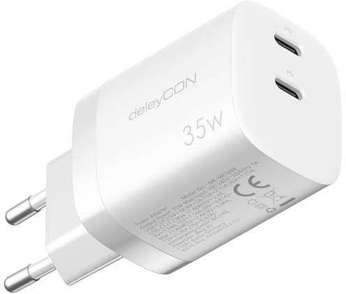 deleyCON Caricabatterie USB C (2 Porte - Caricatore Rapido 35W) Alimentatore USB-C per iPhone 16/15/14/13/12/11 iPad Galaxy S25/S24/S23 Cellulari Pixel Caricatore PD 3.0 - Bianco