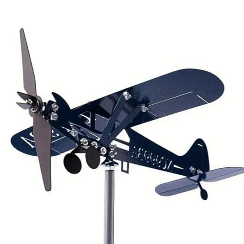 Swtgaah Avión cortavientos molino de viento de metal, veleta para jardín, carillón de viento, avión, 80 cm de altura, para césped, jardín, terraza, césped, decoración exterior (azul)