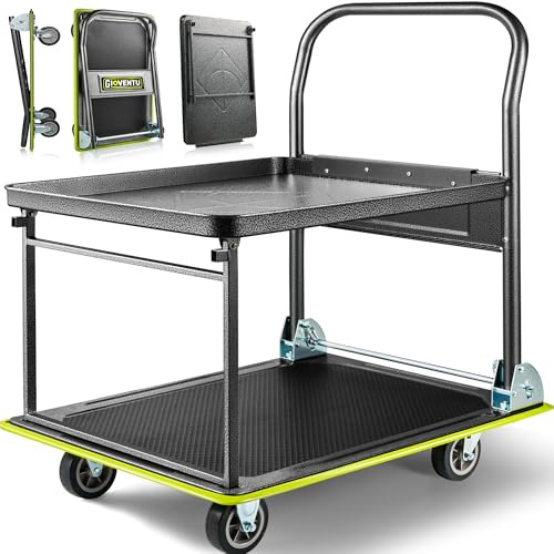 Push Cart Trolley Heavy Duty(317kg), Foldable Platform Hand Truck Made with High-Strength Steel, 2 Tier Design, Moving Flatbed Dolly Cart with Wheels for Warehouse, Garage, Workshop, Office etc