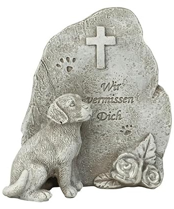 Generisch Grabstein Grabschmuck Gedenkstein mit Hund Wir vermissen Dich h=11cm b=10cm sort.