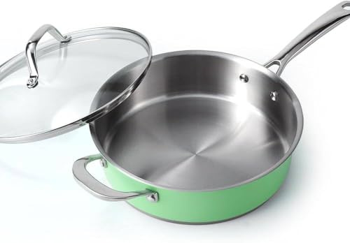 24 CM Verde menta Padella in acciaio inox senza nichel con coperchio in vetro - 2.37 L Padella profonda non tossica per piano cottura a induzione, sicura per il forno