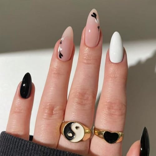 Short Almond Press on Nails, 24pcs 12 Sizes French Tip False Nails Press Ons Glossy Black & White Fake Nails with Black and White Heart Pattern Design, Reusable False Nails Almond for Home Manicure