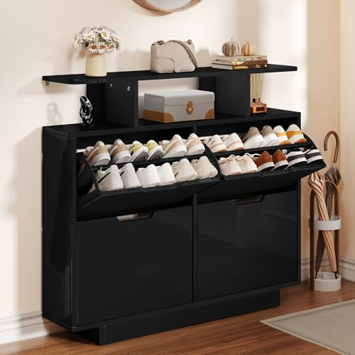 YITAHOME Scarpiera Salvaspazio Slim, Scarpiera Ingresso Lucido con 4 Ante a Ribalte, Scarpiera Armadio per 16-24 Paia di Scarpe con Ripiani Regolabili, per Corridoio e Soggiorno,120x24x106cm, Nero