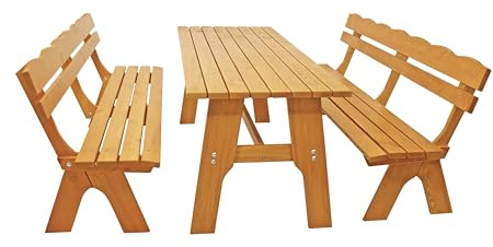 DEGAMO Gartengarnitur Essgruppe Freital XXL 3-teilig 200cm, 2X Bank 200cm und 1x Tisch 72x200cm, Massive Kiefer hell lackiert, Outdoor