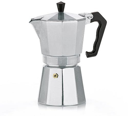 kela cafetera espresso para 6 tazas, cafetera espresso 300ml, cafetera aluminio, ITALIA, cafetera espresso para hornillos, todo tipo de cocinas excepto inducción, plata mate