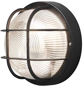 Konstsmide 7651-750 Manotva Bulk Head Outdoor Wall Light Mains Powered / W: 18.5cm D: 10.5cm H: 18.5cm / 1 x 40 W E27 Max Wall Lamp / Clear Ribbed Glass / Plastic / IP44 / Outside Light Black