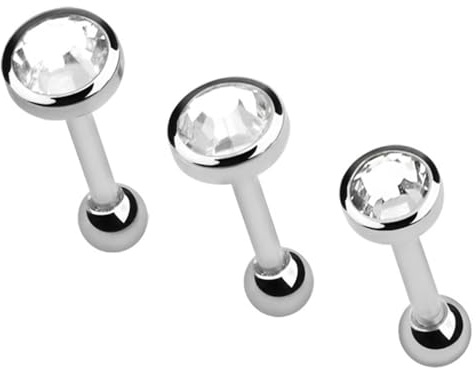 Ohr Piercing Schmuck Helix, Tragus, Stab mit Kugel und Steinplatte als Set in 3/4/5 mm, Farbe wählbar