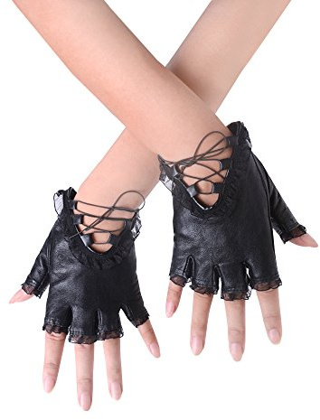 JISEN Gothic Punk Women PU Leather Lace Trim Straps Fingerless Gloves Black