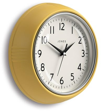 JONES CLOCKS® Ketchup Wanduhr | Runde Retro-Diner-Uhr | 25 cm | Gelb | Ideal für küche, Wohnzimmer, büro oder Schlafzimmer | Leicht lesbare Zahlen