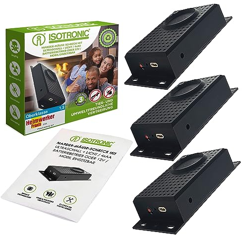 ISOTRONIC Marderschreck Blitz mit Licht LED- Mardersicher mit Blitzlichtfunktion | Ultraschall für Haus, Garage, Auto, Dachboden | Gegen Marder, Mäuse, Ratten | 3er Set