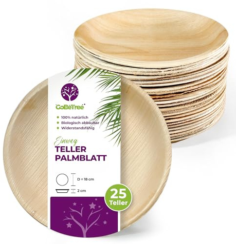 GoBeTree Platos Desechables de Hoja de Palma 25 Platos Redondos de 18 cm. Vajilla para barbacoas, picnic y Fiesta de cumpleaños, Similar al bambú, más fuerte que platos de papel