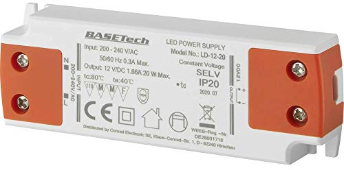 Basetech LD-12-20 Transformateur pour LED à tension constante 20 W 1.66 A homologué pour les meubles, surtention, monta