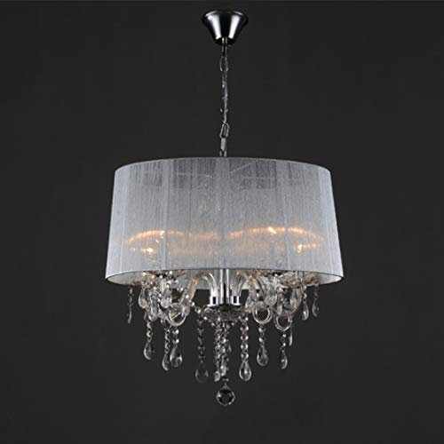 Elegante Hängelampe Kronleuchter Textil Tuch Kristall Wohnzimmer Lampe, E14 LED Pendelleuchte für Modern Schlafzimmer Esszimmer Kristalllampe mit Stoff Rund Schirm, Höhenverstellbar, D55cm (Weiß)