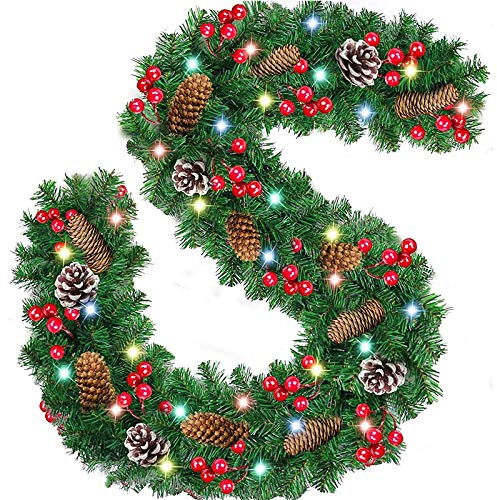 Queta 2,7M Weihnachtsgirlande Tannengirlande mit LED Künstliche Girlande Weihnachten mit Lichterkette Rattan mit Kiefernzapfen Deko Weihnachten Advent Winter für Treppen,Wand,Türen,Kamine