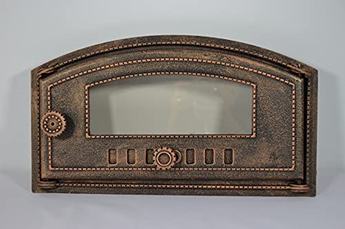 SEZAM Puerta de horno de hierro fundido con cristal resistente al calor, apertura a la derecha, puerta de pizza, horno de pan, puerta de piedra, 48,5 x 6,5 x 27,5 cm, pintura semicircular, color cobre