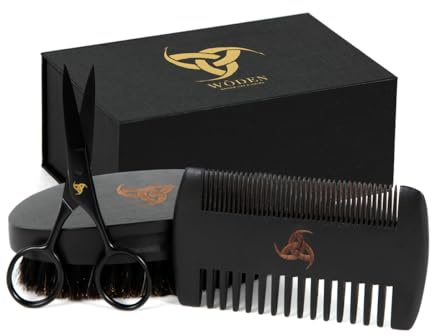 Woden Beard Maintenance Kit - Premium Luxury Black Beard Brush and Comb Gift Set | Mustache and Beard Scissors, Boar Bristle Beard Brush, Fine-Tooth Pearwood Beard Comb, Travel Bag and Gift Box