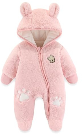 JiAmy Newborn Baby Winter Hooded Romper, Cartoon Zipper Footie Fleece Snowsuit Jumpsuit Outfits Pink 0-3 Months