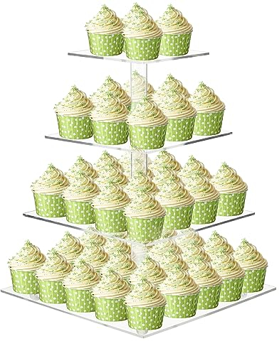 ECOSEAO Alzata per cupcake a 4 ripiani, trasparente, quadrata, in acrilico, torre per pasticceria, per matrimoni, compleanni (30,5 cm)