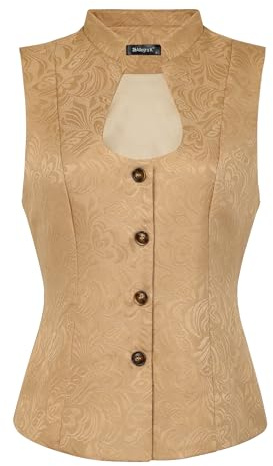 Allegra K Damen Trachtenmieder Dirndl Anzugweste Ärmellos U-Ausschnitt Einreihige Steampunk Jacquard Weste Khaki XL