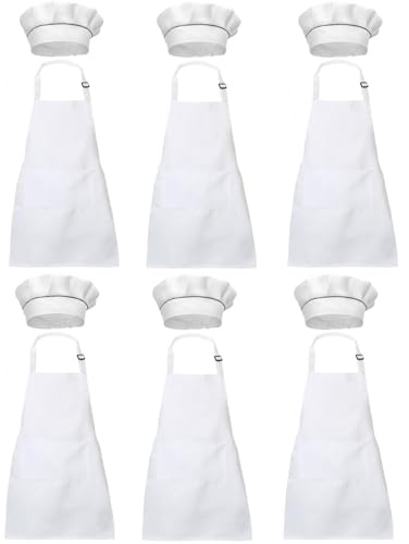 XIEJINJIA 6 Set Grembiule Cucina Bambini e Cappello da Cuoco Grembiule da Chef Regolabile con Tasche per Giardino Cottura Cucinare Pittura Artigianato per Ragazze Ragazzi Bianco