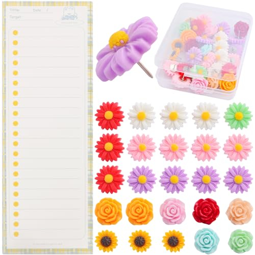 30 bunte Blumen-Reißzwecken, gemischte Gänseblümchen-Rosen, dekorative Reißzwecken mit einer Box und 50 Blatt gelben langen Notizblöcken für Pinnwand, Korktafel, Fotowand, Heimbüro
