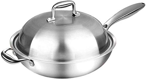Pentole Pentole Padella Wok In Acciaio Inossidabile Padella Non Rivestita Cuocere E Versare Wok Mescolare Padella Con Coperchio E Manico, for Pentole A Gas/Induzione Wok Multiuso In Acciaio Inossidabi