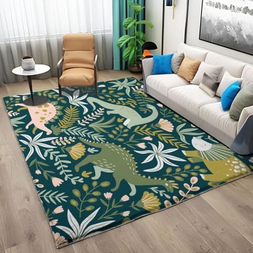 GrüN Home Waschbarer Teppich Cartoon-Dinosaurier Modern Designer Kurzflor Teppich Pflegeleichte Waschbare Teppiche für Wohnzimmer, Schlafzimmer, Esszimmer Teppich 120 x 170cm