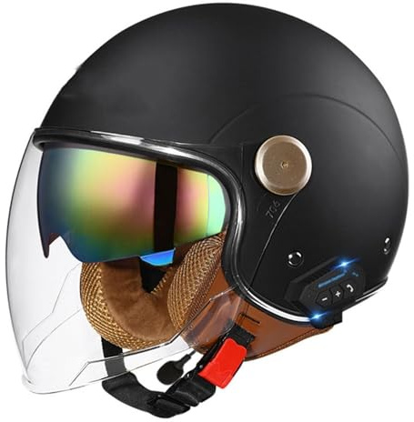 Vuxen Open-Face Bluetooth-hjälm MC-hjälm med dubbelvisir Retro motorcykel halvansiktshjälm Skalkeps DOT/ECE-godkänd 3/4 Cruiser Scooter Jet-hjälm for män kvinnor(Color:M,Size:XL(61~62CM))