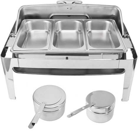 Stainless Steel Buffet Catering Food Warmer Chafing Dish with Glass Lid 9L Capacity Ideal for Parties Hotels Restaurants (Stainless Steel Color #15)