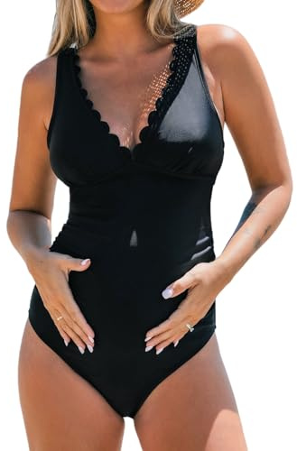 CUPSHE Damen Schwangerschafts Badeanzug V Ausschnitt Wellenkante Schnürung rücken Einteilige Umstandsbademode Swimsuit Schwarz M