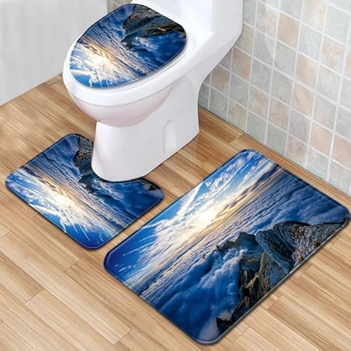 Bad Teppiche Set 3-Teiliges Blaue Weiße Wolken WC Vorleger Mit Ausschnitt Badematte Saugfähig WC Deckelbezug Badvorleger rutschfest Waschbar Toilettensitzbezug Badgarnitur (45x75cm)