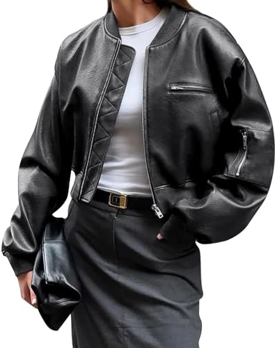 Cicy Bell Womens Faux Leather Bomber Jackets Baseball Collar Zip Up Cropped Biker Coat with Pockets