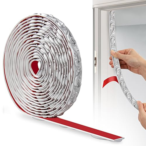 JUNART Modanature in PVC, 600cm×2cm, Bordi Carta da Parati 3D, Modanature a Soffitto, Adatto per Battiscopa Adesivo, Fondali TV, Armadi, Pareti(Argento)