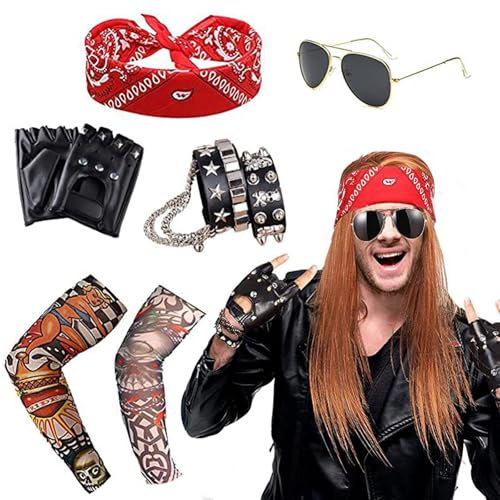 AXKIIN 6 Piece Punk Costume Set 60/70/80s Outfit Men's Rocker Fancy Dress Kids Bracelet Headscarf Sleeve Protector Gloves Glasses Fancy Dress Costume Men for Carnival