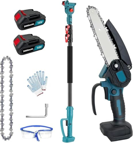 Cordless Pole Saw 6-Inch, 2-in-1 High Branch Saw with 2 x 3000mAh Battery, Electric Extension Pole Chainsaw Up to 1.5M for Tree Trimming Branches Wood Cutting