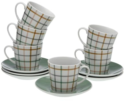 VERSA Set 6 Tazze da Tè con Piattino Peter, Misure (H x L x L) 10,5 x 8 x 6 cm, Colore Verde Scuro