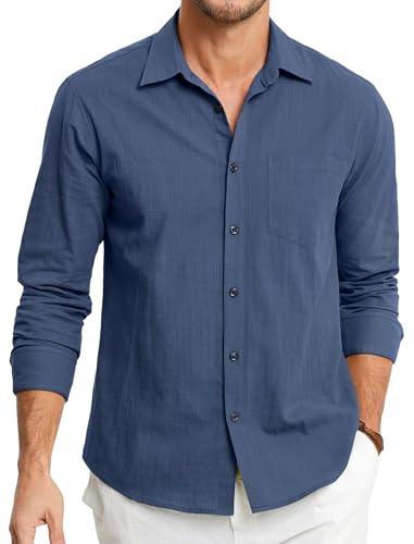 HISDERN Camisa de lino para hombre, de manga larga, de algodón, para tiempo libre, de lino, corte regular, para negocios, verano, con bolsillo, azul-2, 4XL