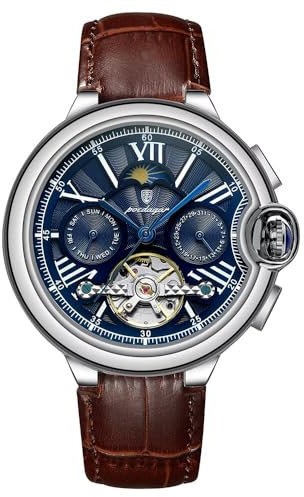 W WOLF-CUB Mode herr Tourbillon klockor automatisk mekanisk armbandsur multifunktionell vattentät sport manlig klocka män vardaglig affärsklocka, brun och blå, ledig