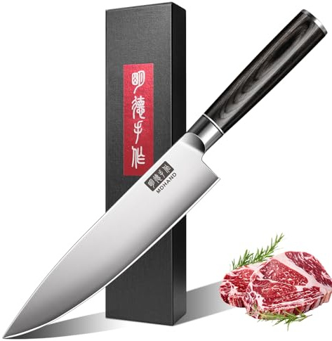 MDHAND Couteau Chef Professionnel 20 Cm, Acier Inoxydable à Haut Carbone, Lame Extra Tranchante, Manche Ergonomique en Bois de Pakka